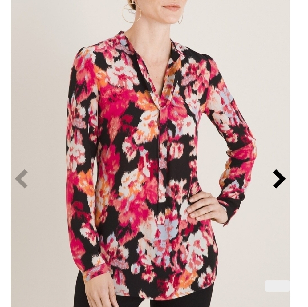 $85 Chico's Floral Blouse Tie Neck Women Sz 8/10 Colorful Peasant New Whimsgoth